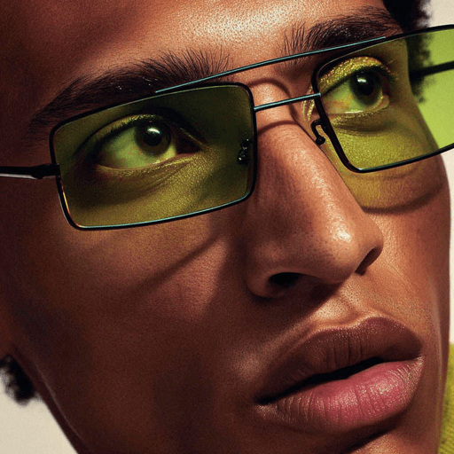 A close-up of a person wearing green-tinted glasses, with a serious expression and smooth skin.