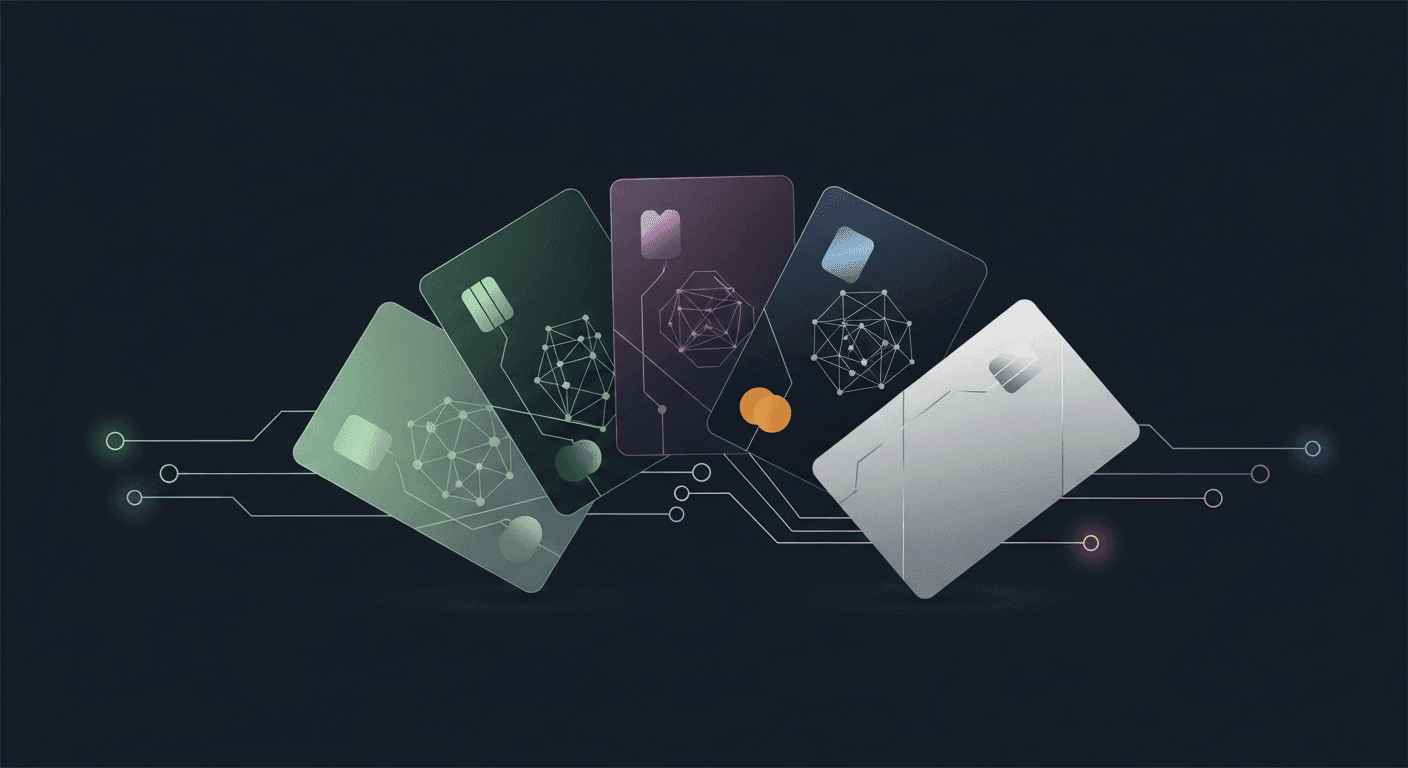 Comparison of five crypto credit and debit cards arranged on a dark surface with subtle green accent lighting