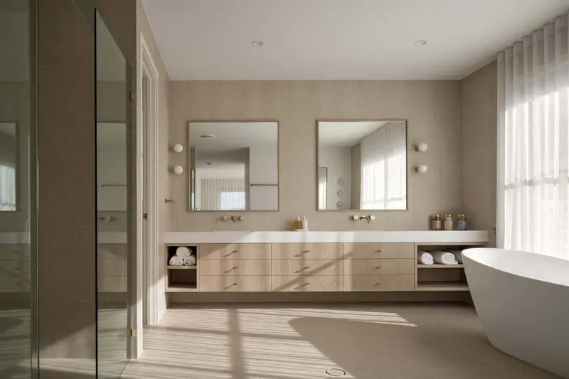 Ensuite with a freestanding bath and double vanity with double mirrors with natural light streaming in through curtain