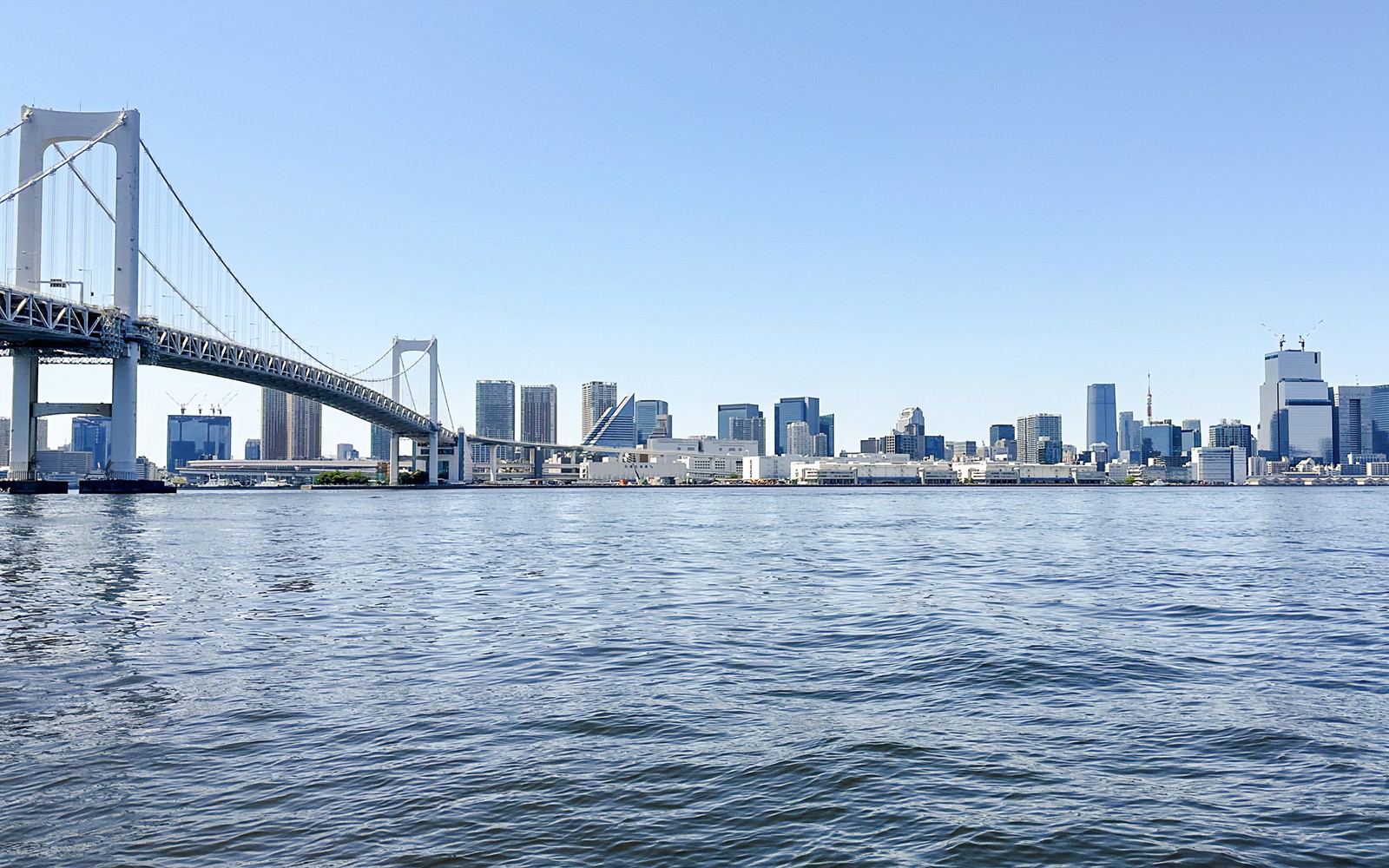 Yakatabune boat cruising Tokyo Bay with city skyline in background.