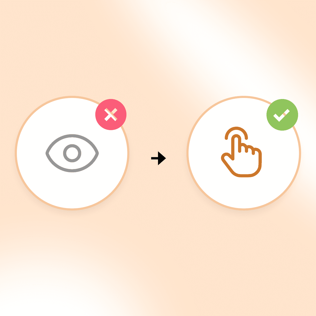 Icons showing shift from impressions (eye icon with X) to engagement (click icon with checkmark)