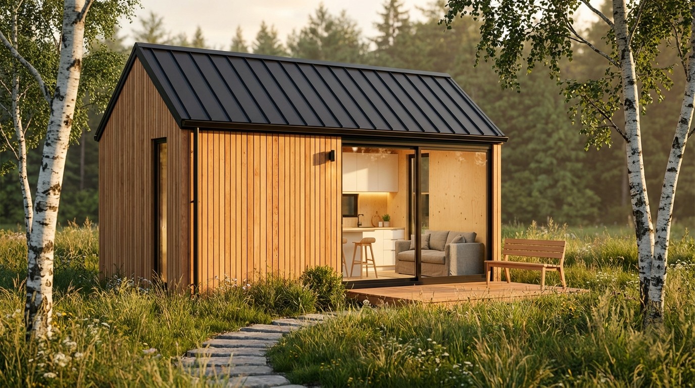 Compact tiny home with pitched metal roof and open sliding door revealing kitchen interior
