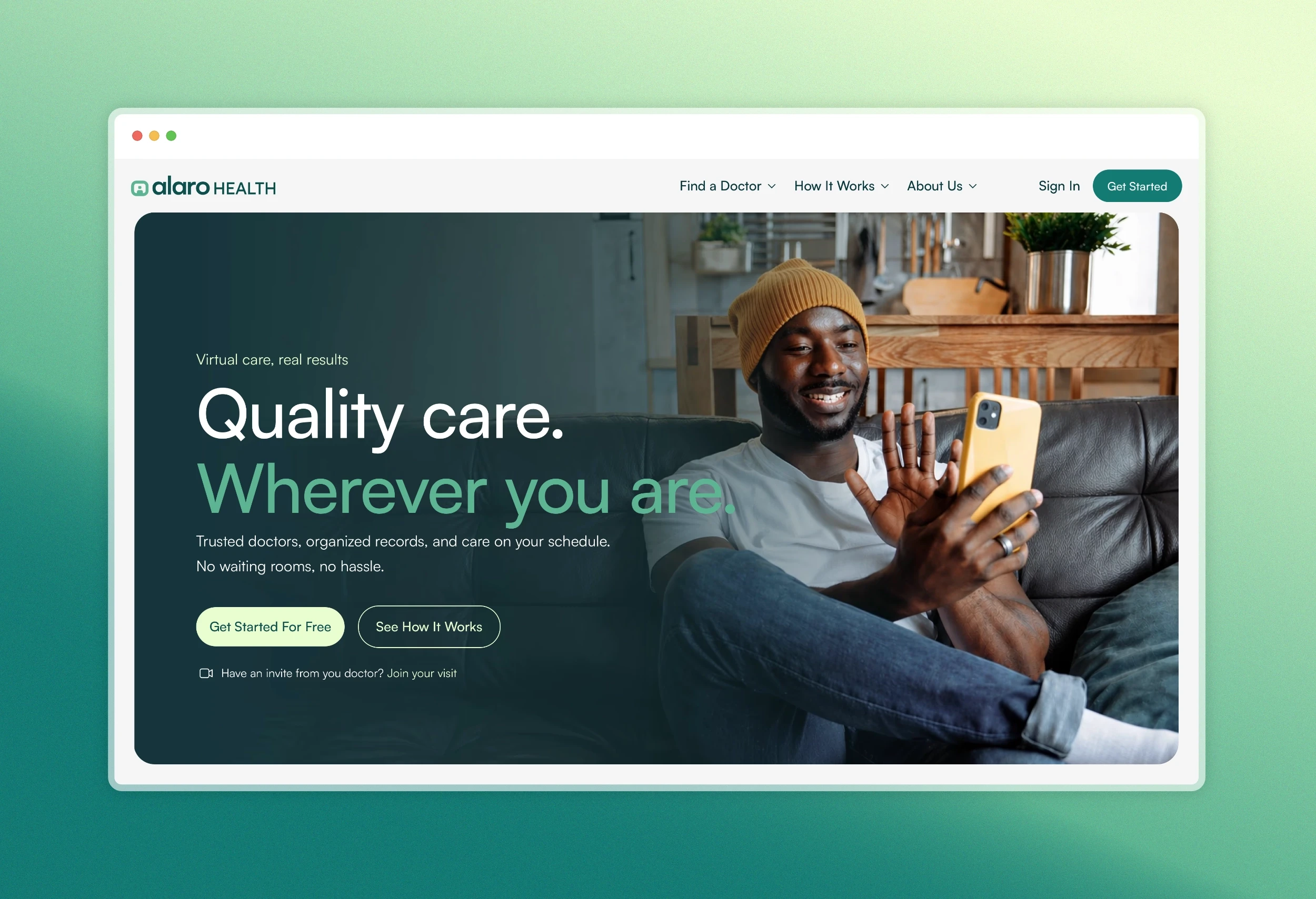 Alaro telehealth platform homepage displayed on desktop