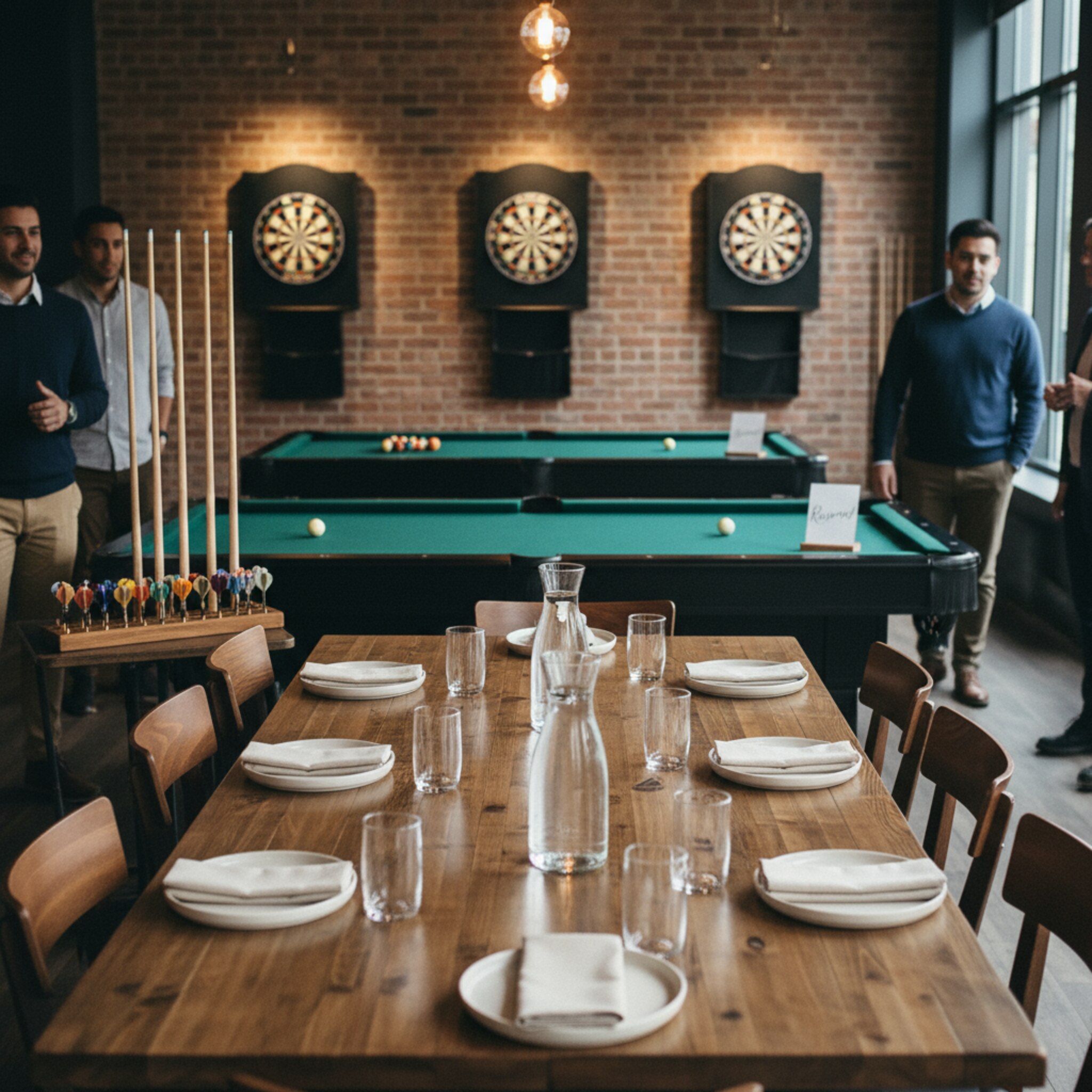 Ein langer Holztisch ist für eine Gruppe eingedeckt, schlichte Karaffen und Gläser reflektieren das Barlicht. Auf einem Sideboard stehen sauber sortierte Queues und Dartpfeile bereit. Im Hintergrund wirken zwei Tische reserviert, ruhig und unbespielt. Alles deutet auf einen koordinierten Start eines Events hin.