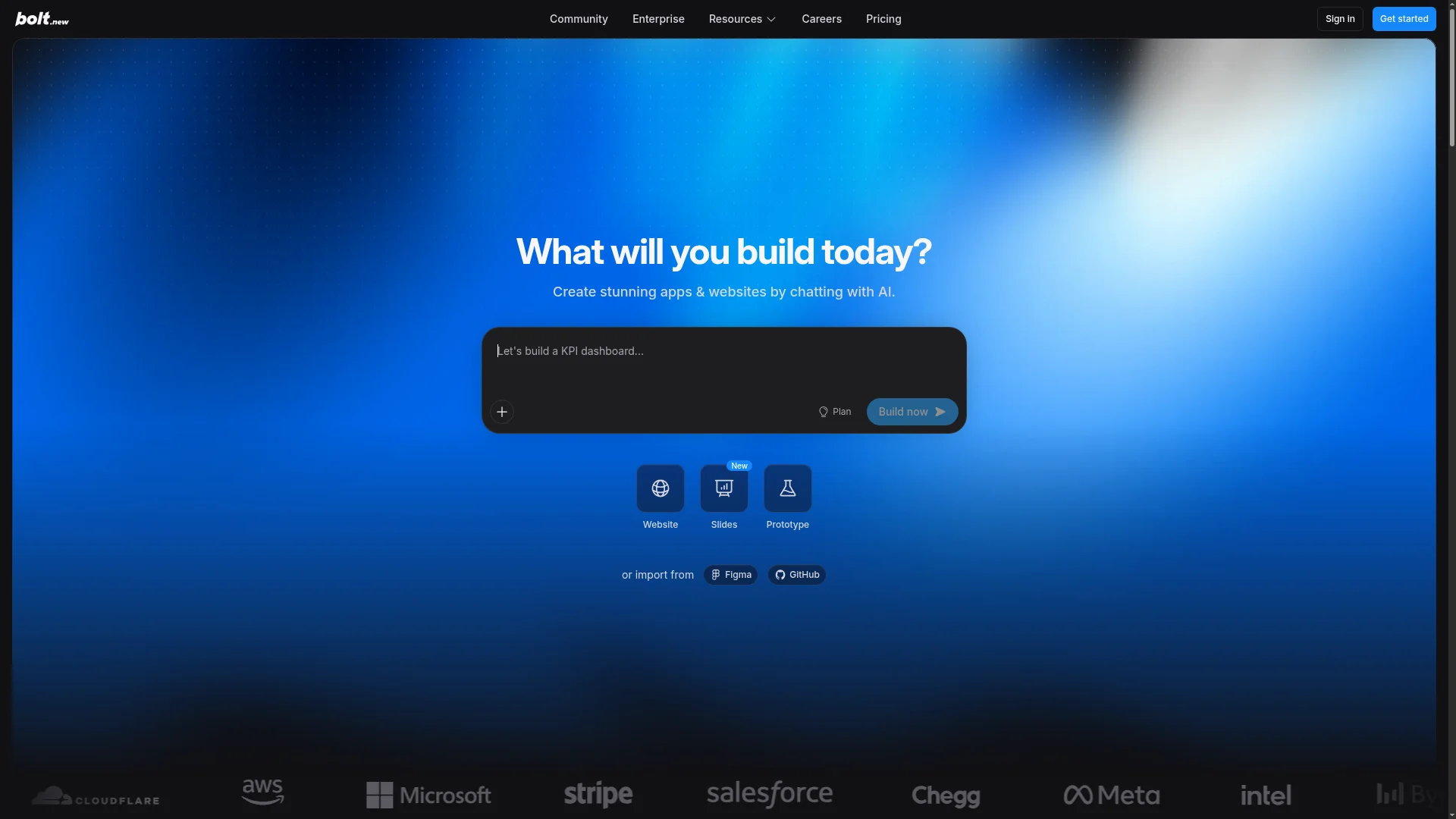 Bolt.new homepage: generate full-stack web apps in the browser