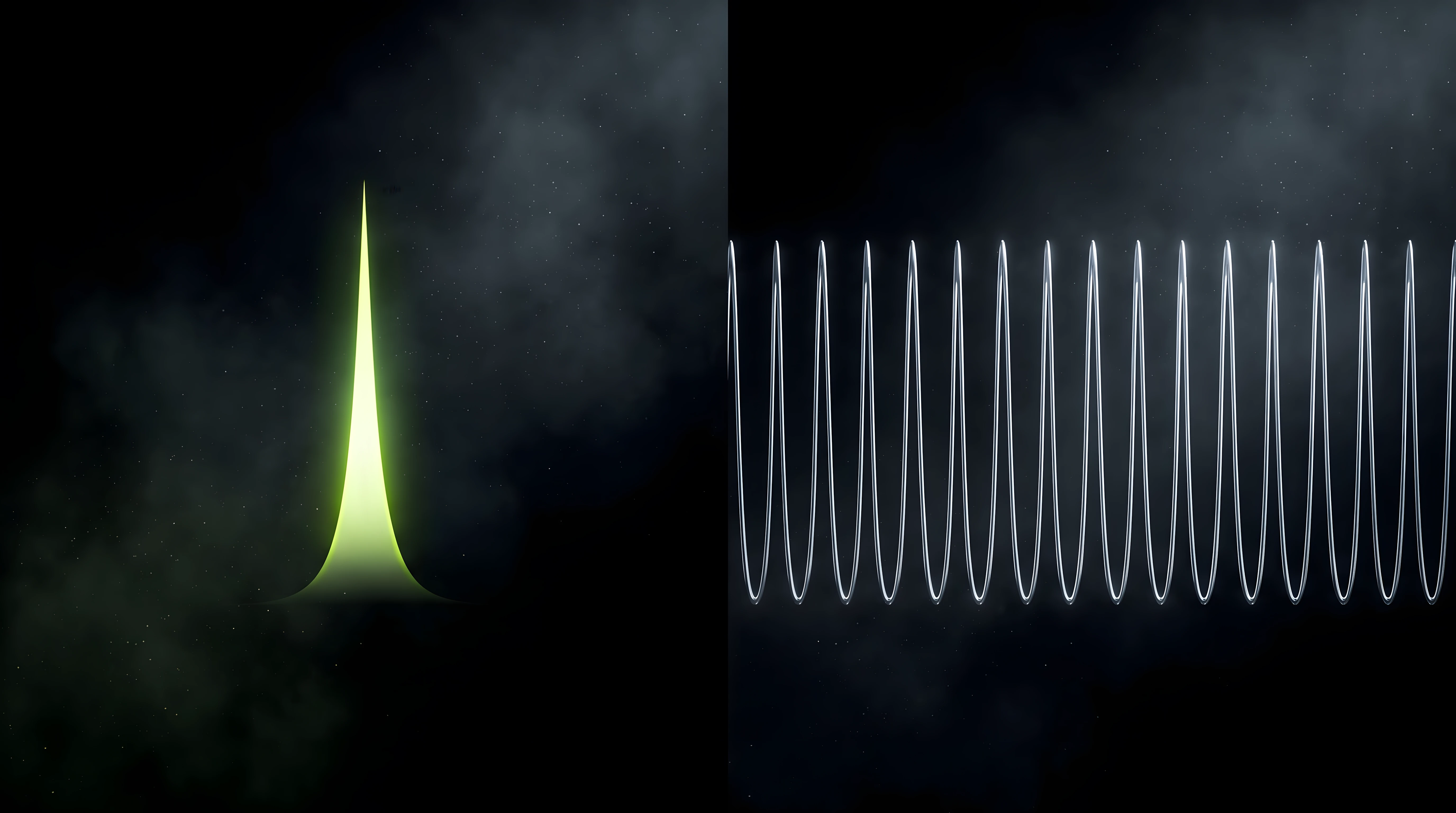 Comparison of a single bright toxic lime spike against a steady repeating chrome pulse pattern on deep void black, representing one-time sound pack revenue versus recurring sonic branding retainer revenue.
