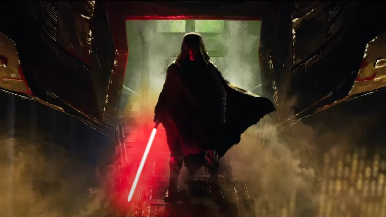 A hooded figure stands in a misty, dimly lit setting, holding a glowing red lightsaber, evoking a mysterious and powerful presence.