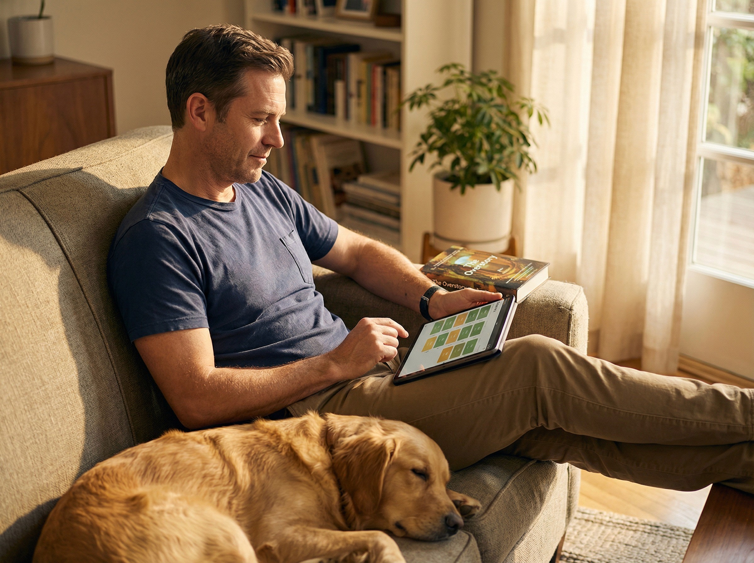 A quiet, intimate shot of a WHS director in his late 40s on a Sunday afternoon, sitting in a comfortable chair at home with a tablet on his lap, checking something briefly. He is not working — he is in weekend clothing, a dog is lying near his feet, and a book is face-down on the armrest beside him. The tablet shows a governance status overview with green and amber indicators in a simple grid — visible in structure but not legible. His expression is one of casual, confirming glance — the two-second check of someone who knows the system is running and is just verifying, the way you might glance at a weather app before going outside.