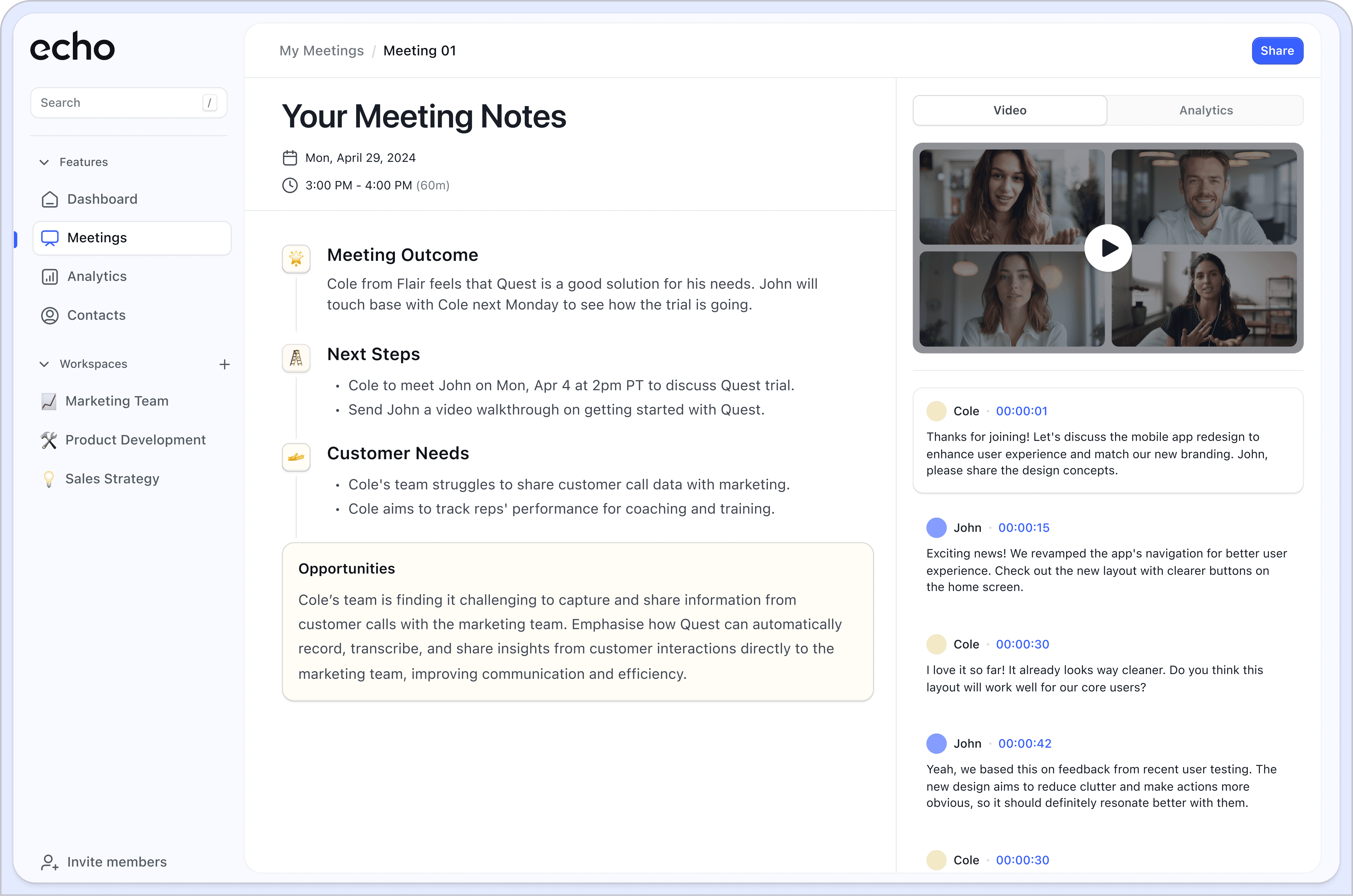 Echo dashboard. Where you will see all your meeting notes, summaries and transcripts.