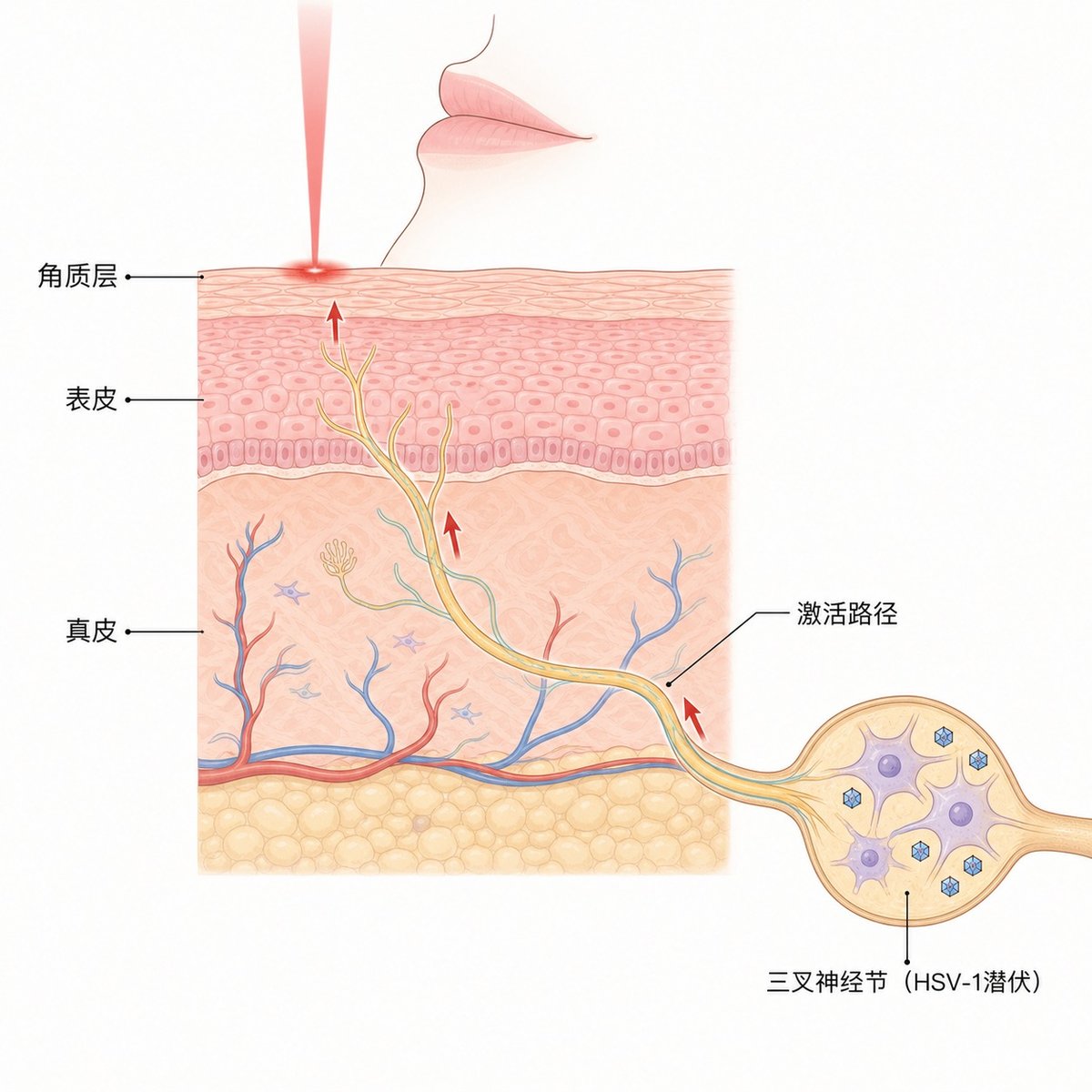 HSV-1病毒从三叉神经节沿神经通路向口周皮肤表面激活的示意图，显示皮肤各层结构