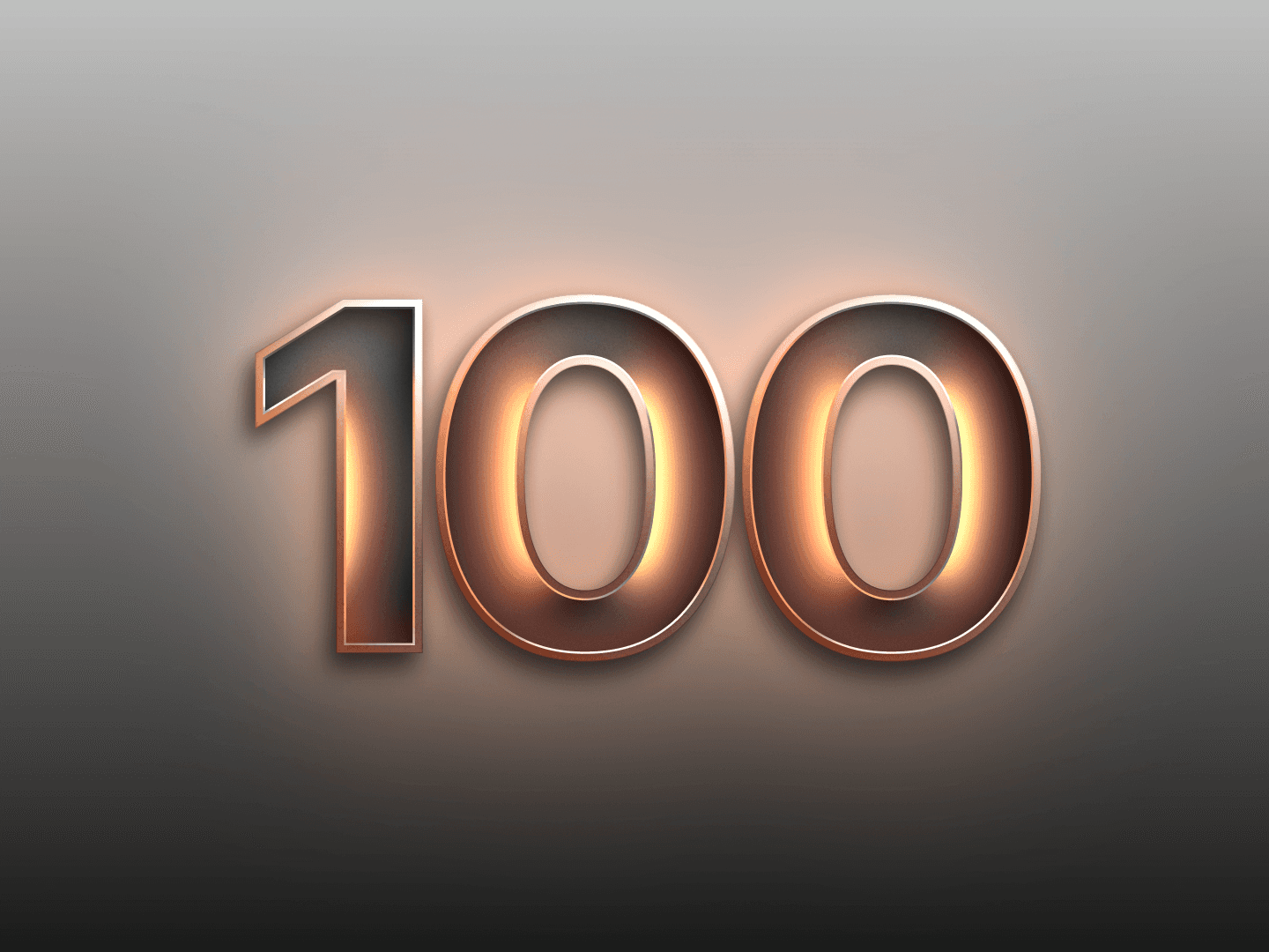 Glowing metallic "100" milestone design with a sleek gradient background and illuminated edges for a bold, modern look.