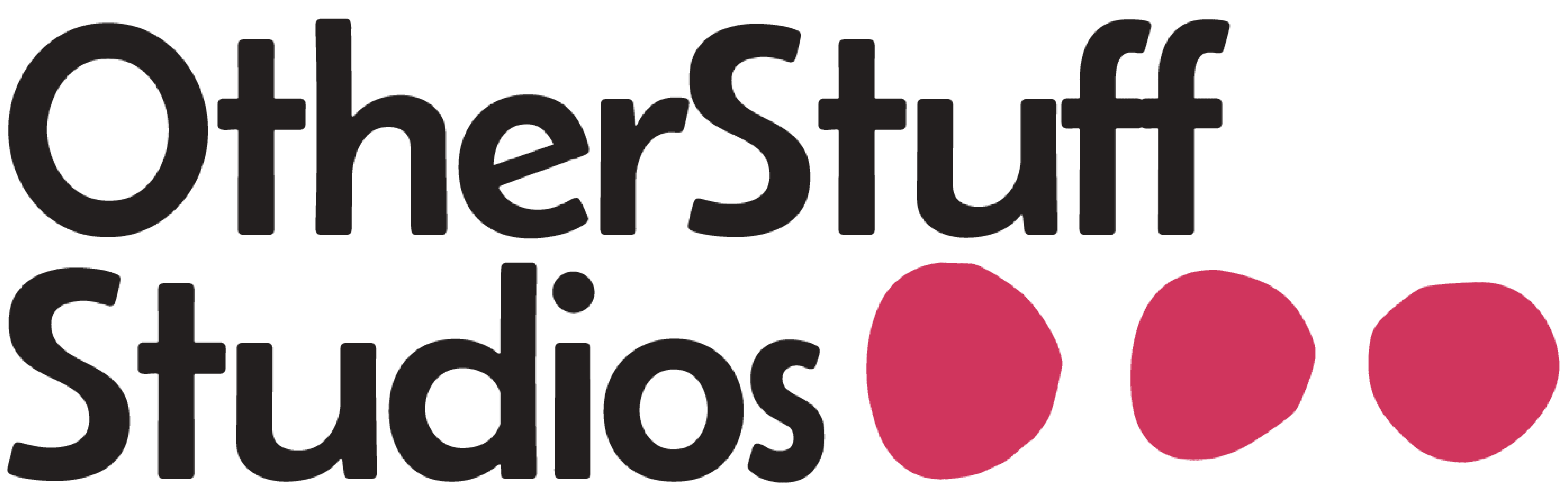 site logo with the name "Other Stuff Studios" in dark grey and 3 slightly different spherical red shapes at the end.