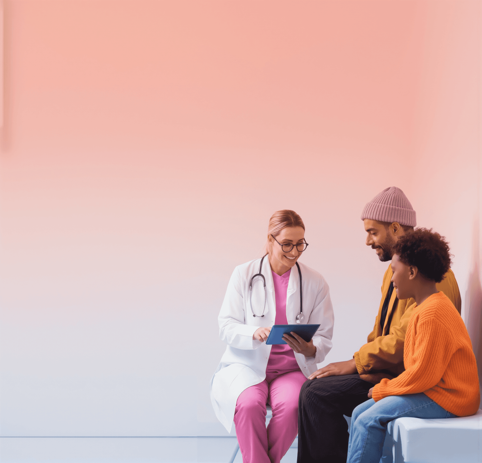 Clinician using a tablet to discuss care with a family, representing Synapti Health’s value based care training that supports change management and behavior change beyond education.