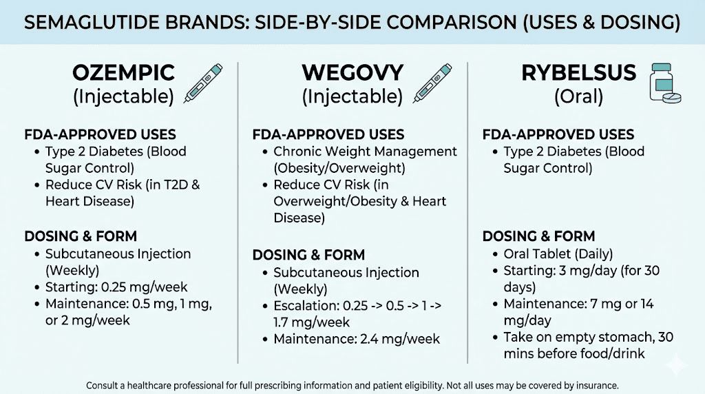Ozempic vs Wegovy vs Rybelsus semaglutide brand comparison