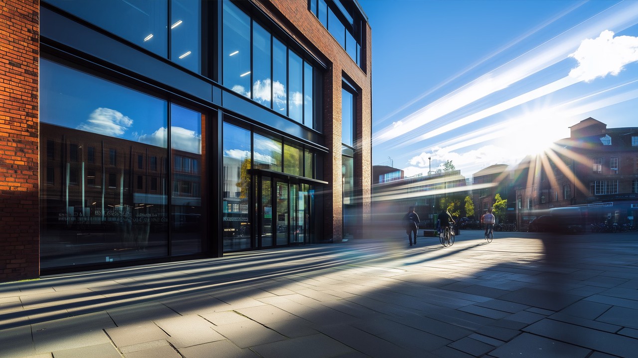 Modern brick and glass building reflecting the blue sky, with pedestrians and cyclists moving through a sunlit urban plaza, creating dynamic motion blur effects.