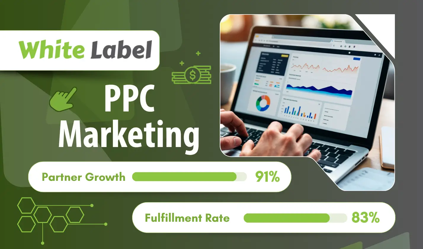 White Label PPC Marketing graphic with laptop analytics dashboard and growth metrics.