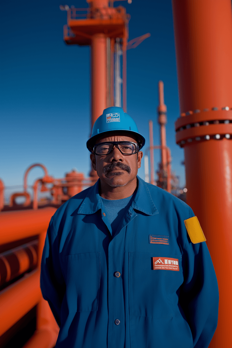 A worker in a blue uniform and helmet stands in front of large orange industrial equipment against a blue sky.