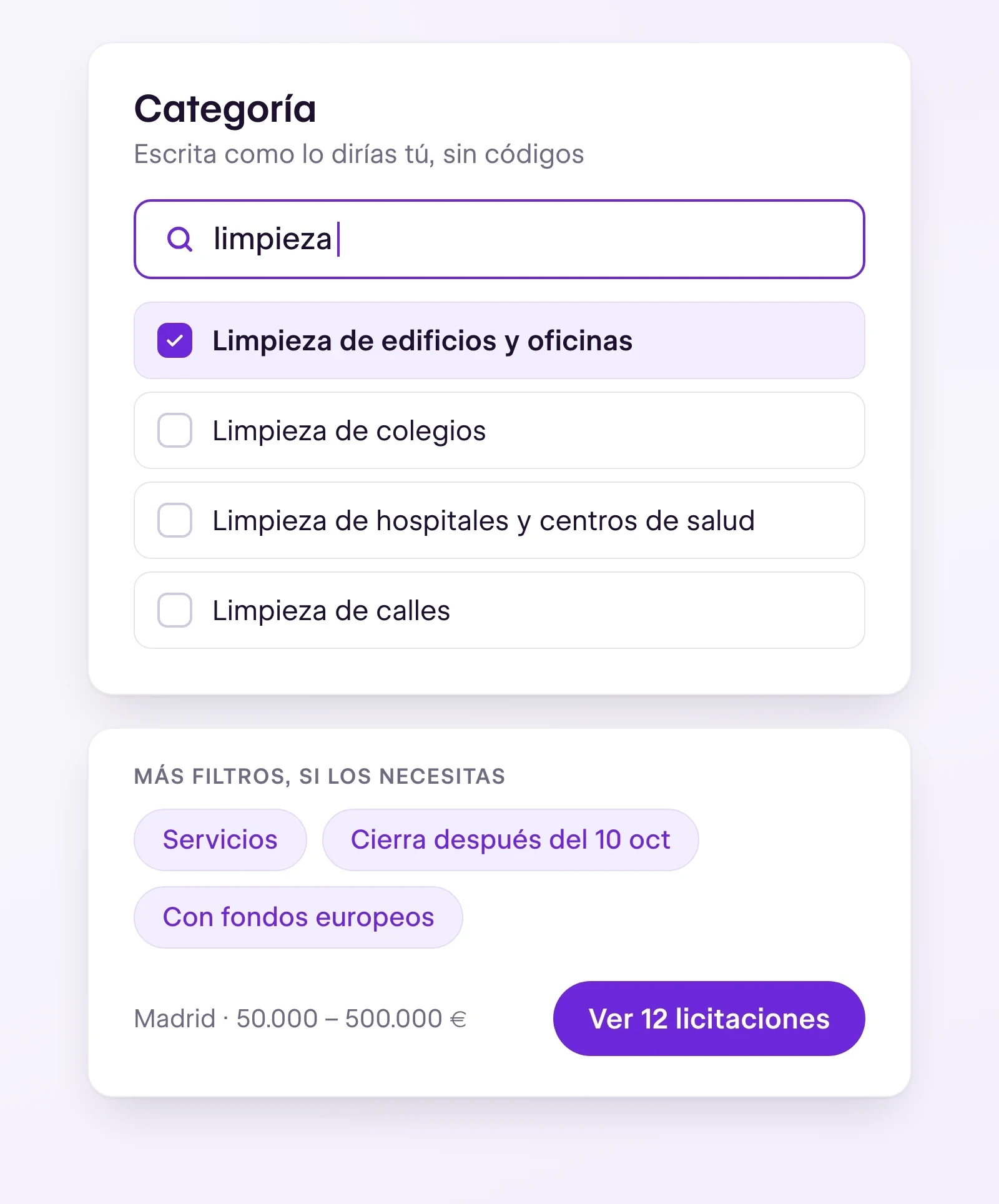 Selector de categoría de tenderyou con «limpieza» escrito y la categoría Limpieza de edificios y oficinas marcada, sin códigos, y más filtros opcionales: servicios, fecha de cierre y fondos europeos
