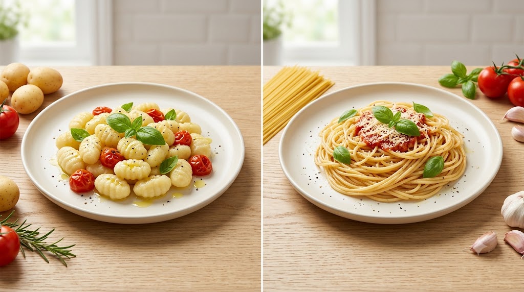 A side-by-side comparison on identical white plates on a wooden table. The left plate shows potato gnocchi with tomatoes, basil, and a drizzle of olive oil. The right plate shows traditional semolina spaghetti with tomato sauce, parmesan, and basil, illustrating different pasta types and ingredients.