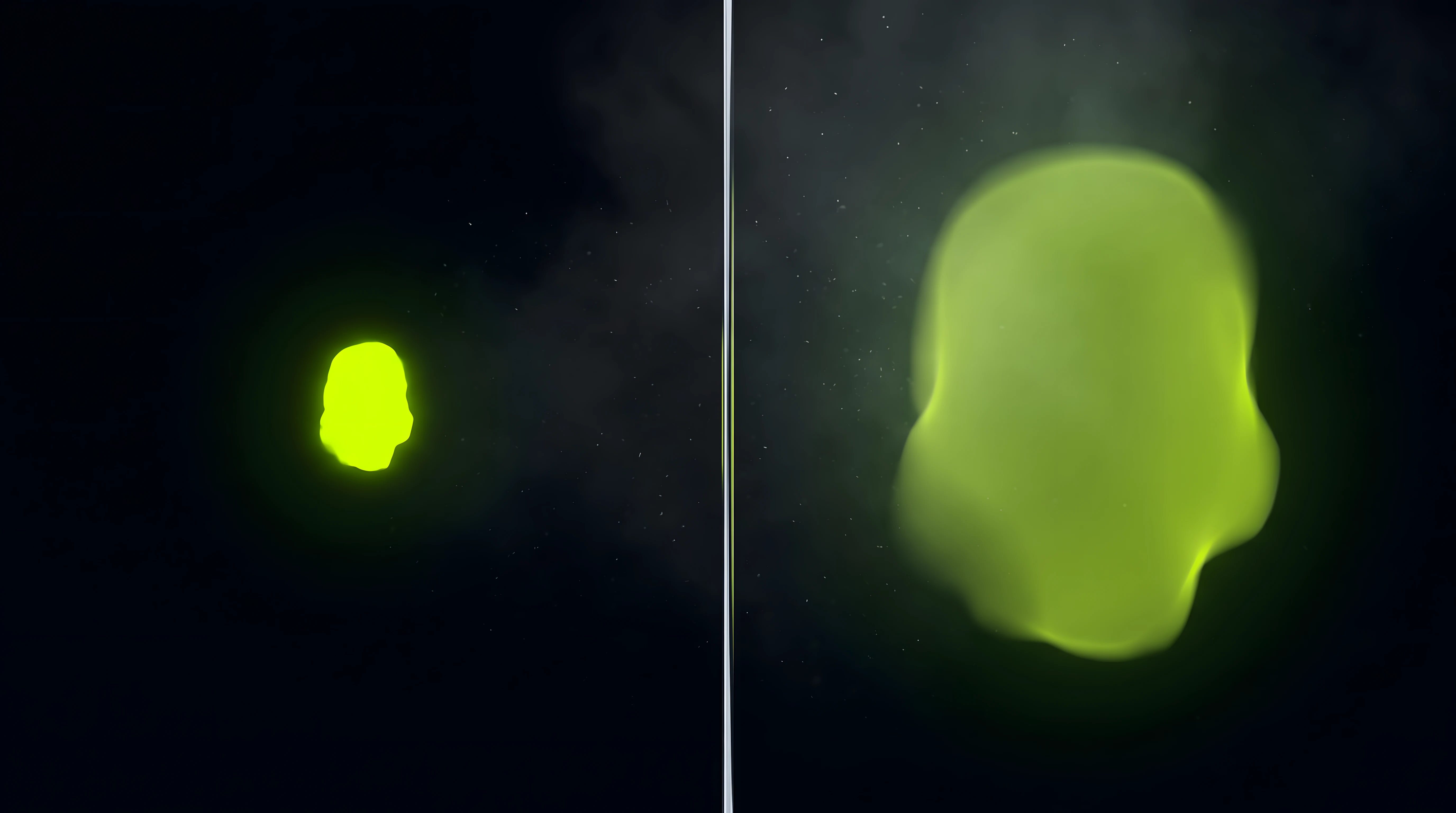 One compact toxic lime form beside a much wider translucent lime field of the same shape on deep void black, divided by a vertical chrome rule, representing the work and the usage rights priced separately.