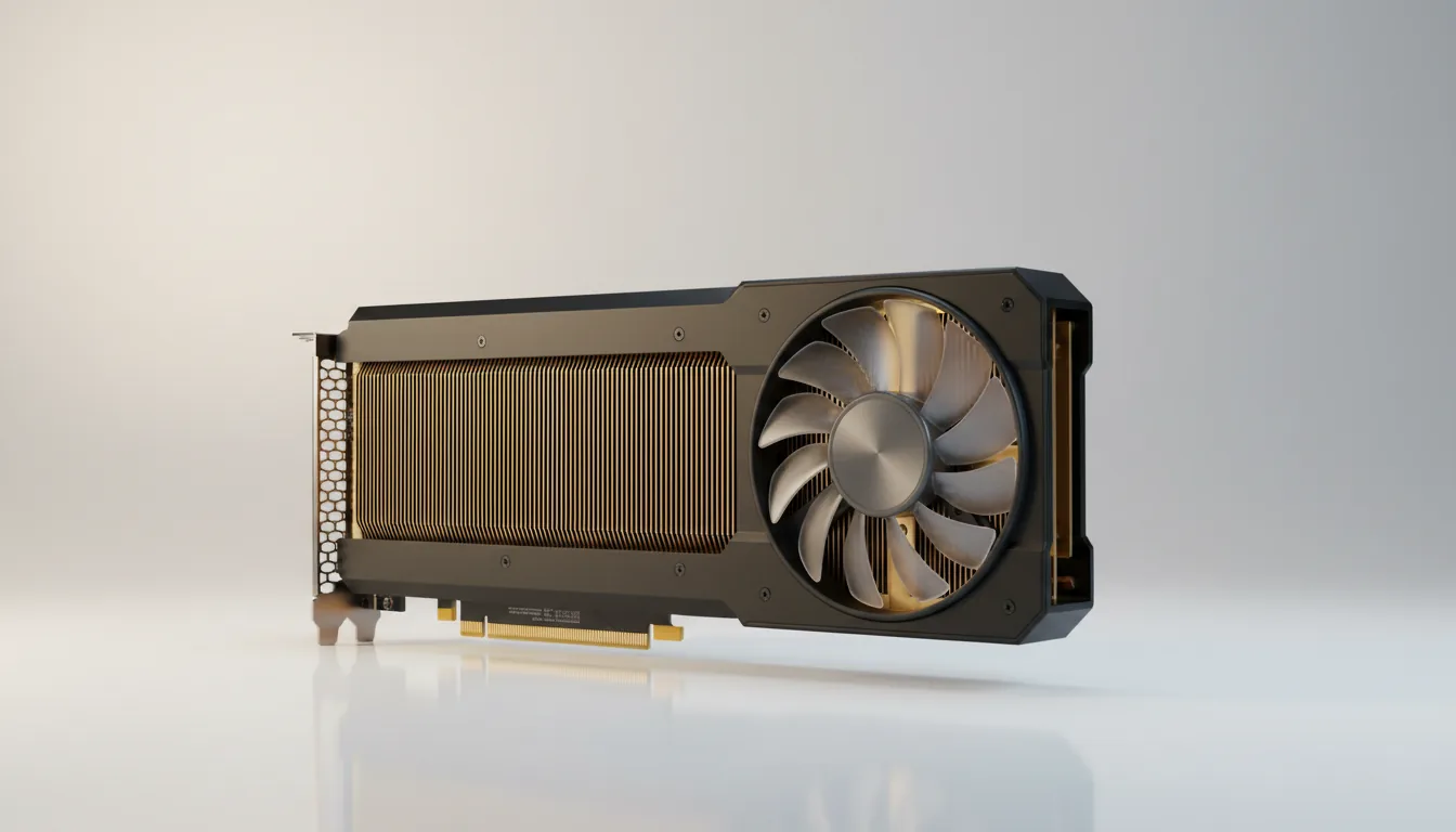 DSLR product photograph of a professional workstation graphics card, NVIDIA RTX 6000 Ada style, captured at a three-quarter angle. The card features a sleek matte black shroud contrasted by a row of polished gold cooling fins and a circular blower-style fan. The hardware rests on a clean, white reflective surface under soft studio lighting, creating subtle highlights. The background is a minimalist studio backdrop with a smooth gradient from warm off-white to cool light gray, with the entire subject in sharp focus.
