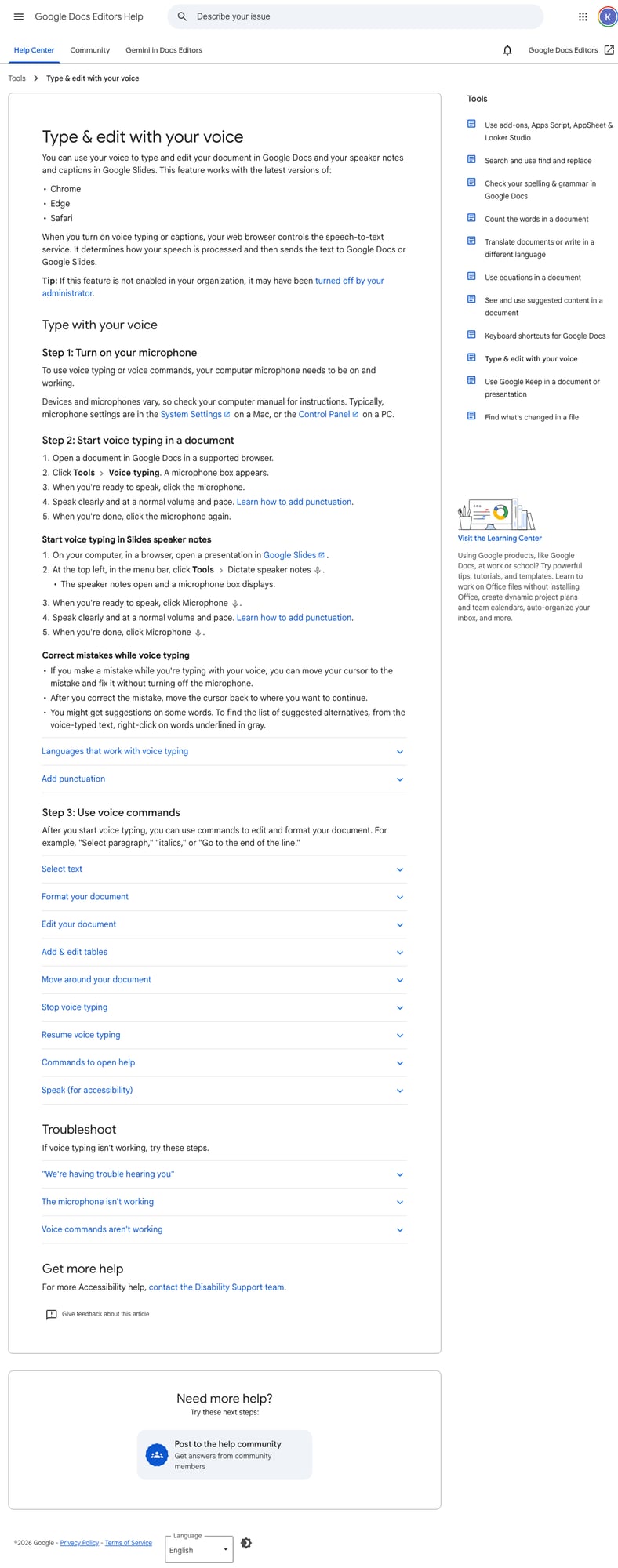 Google Docs open in a browser for voice typing troubleshooting