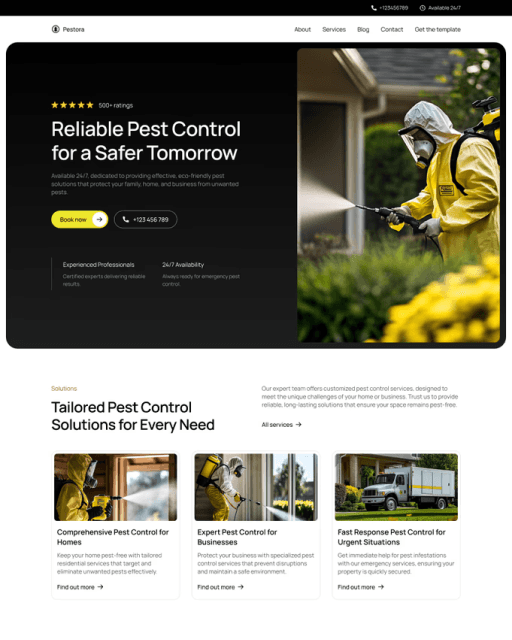 Pestora Framer template preview showing hero and services section