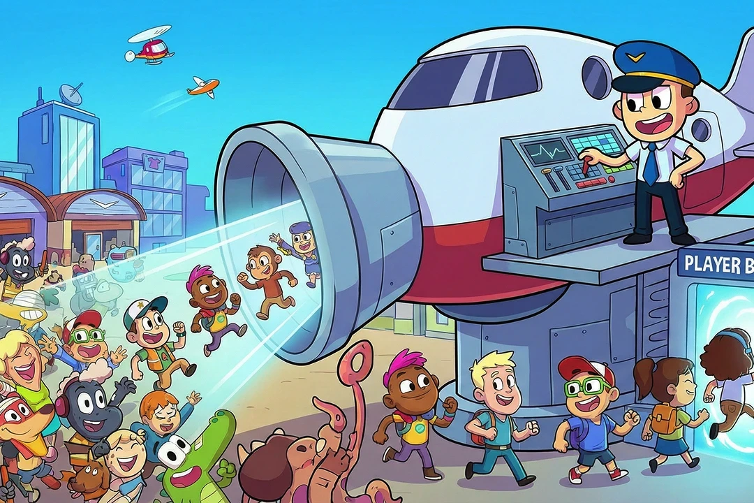 Cartoon airport scene with passengers boarding a plane.