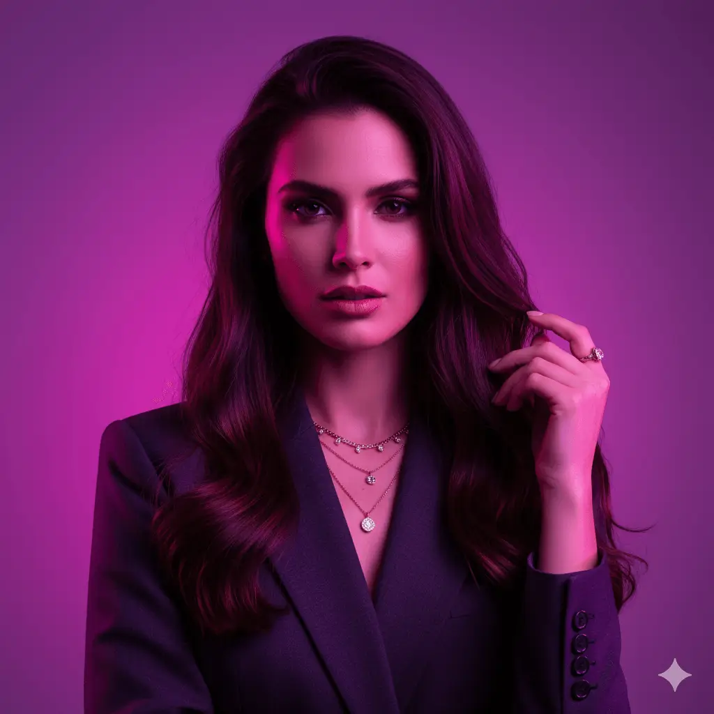 Alt Text: Close-up studio portrait of a woman in a dark blazer, dramatically lit with vibrant purple and magenta neon lighting against a purple background.