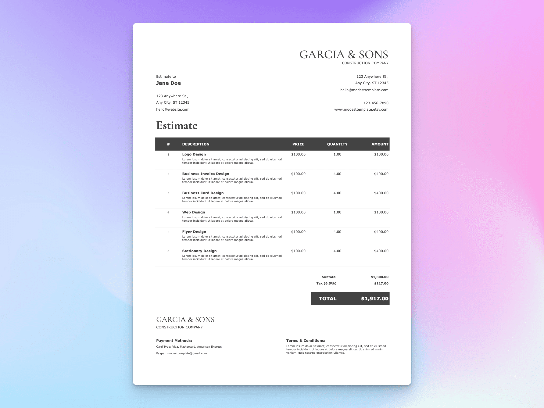 Estimate template displaying itemized services, quantities, and totals with sections for terms, tax, and payment method.