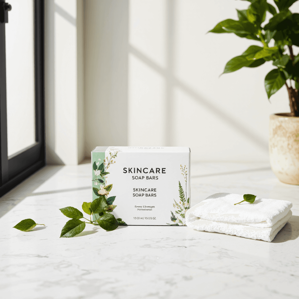 product photography of a box of skincare soap bars designed for gentle cleansing