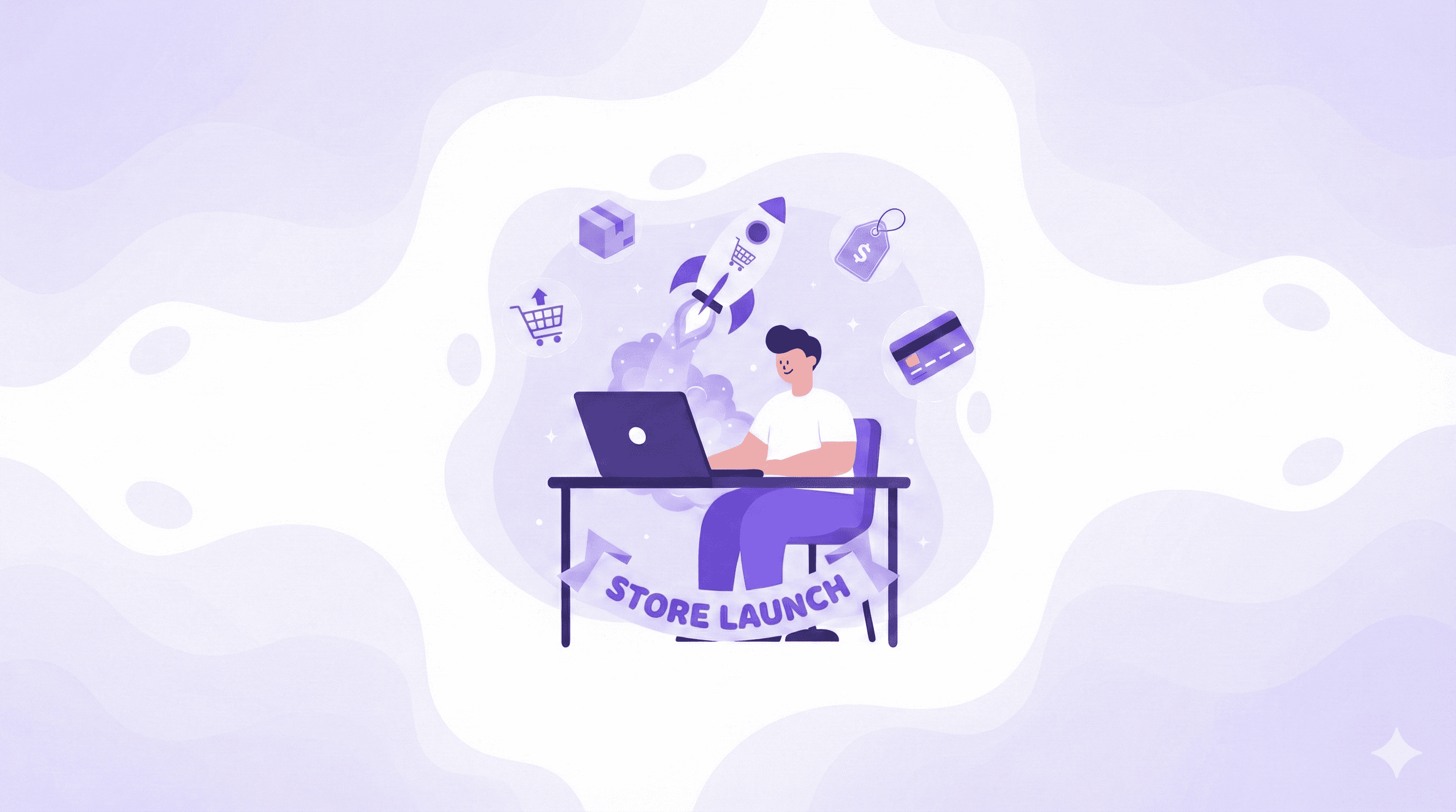 A flat, modern illustration on a 1600x900 canvas featuring a person at a desk using a laptop. A rocket ship with a shopping cart icon is launching from the laptop, symbolizing an e-commerce store launch. Floating around the scene are icons for a package, price tag, credit card, and shopping cart. The color palette is a clean purple and white with soft gradients.