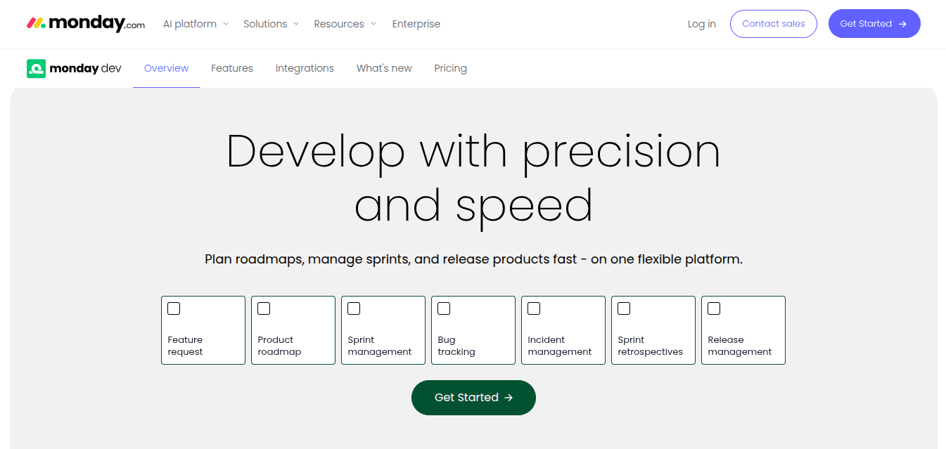 Monday dev homepage showing its agile product development and roadmap platform