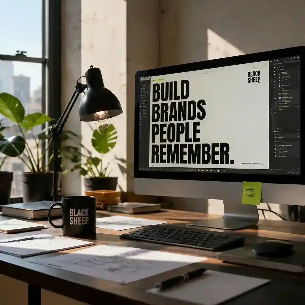 Creative workspace featuring a desktop brand presentation used to showcase strategy, positioning, and digital system development.