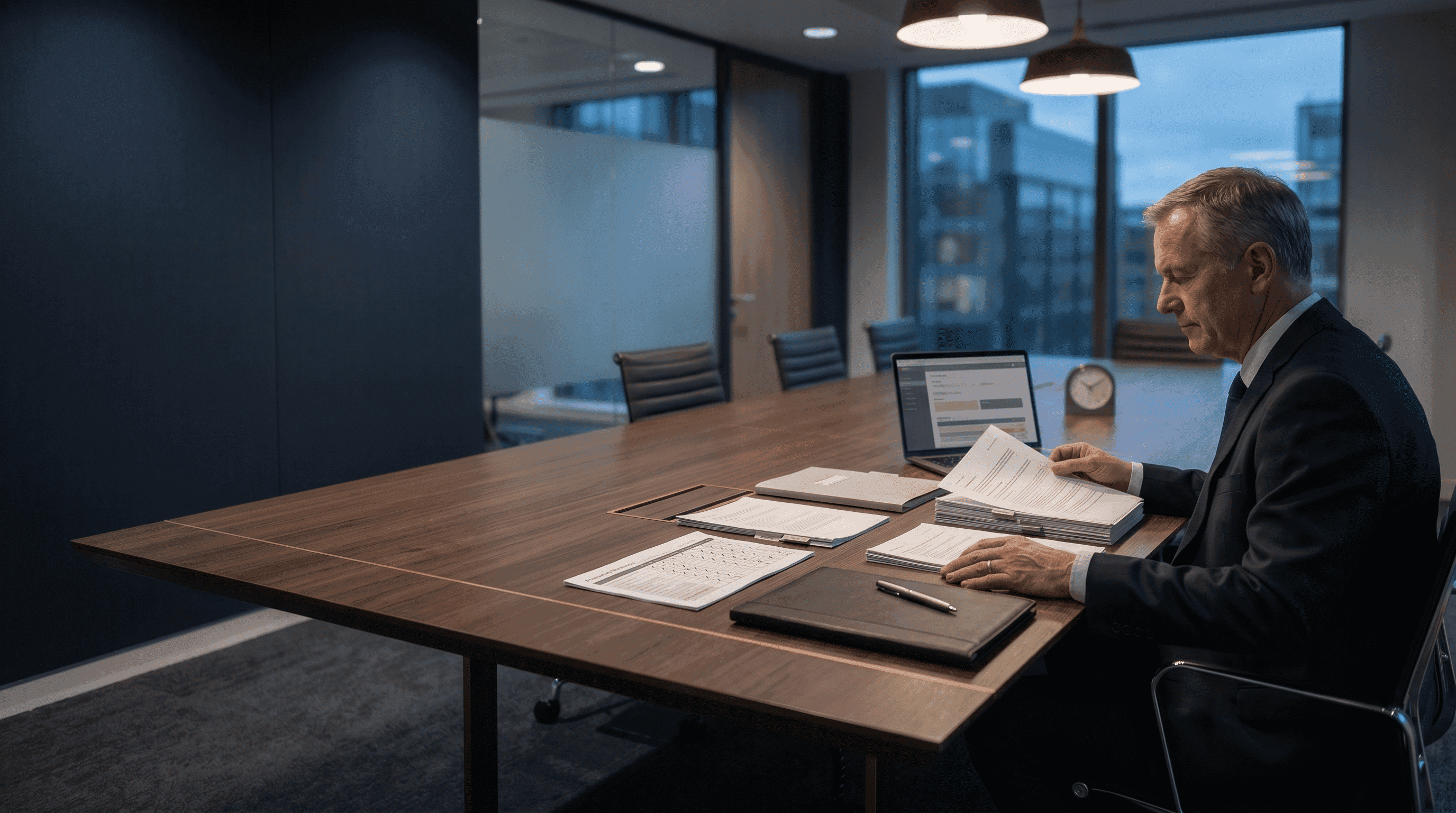 Adviser reviewing structured tender documents and evidence files in a sophisticated navy boardroom.