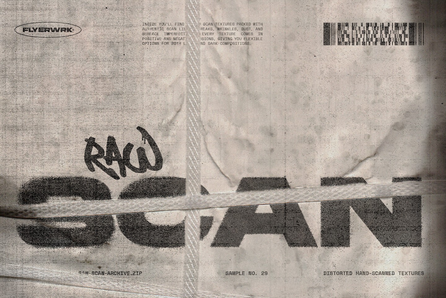 Raw Scan Archive textures applied to bold typography showing realistic scanned distortion and paper grain