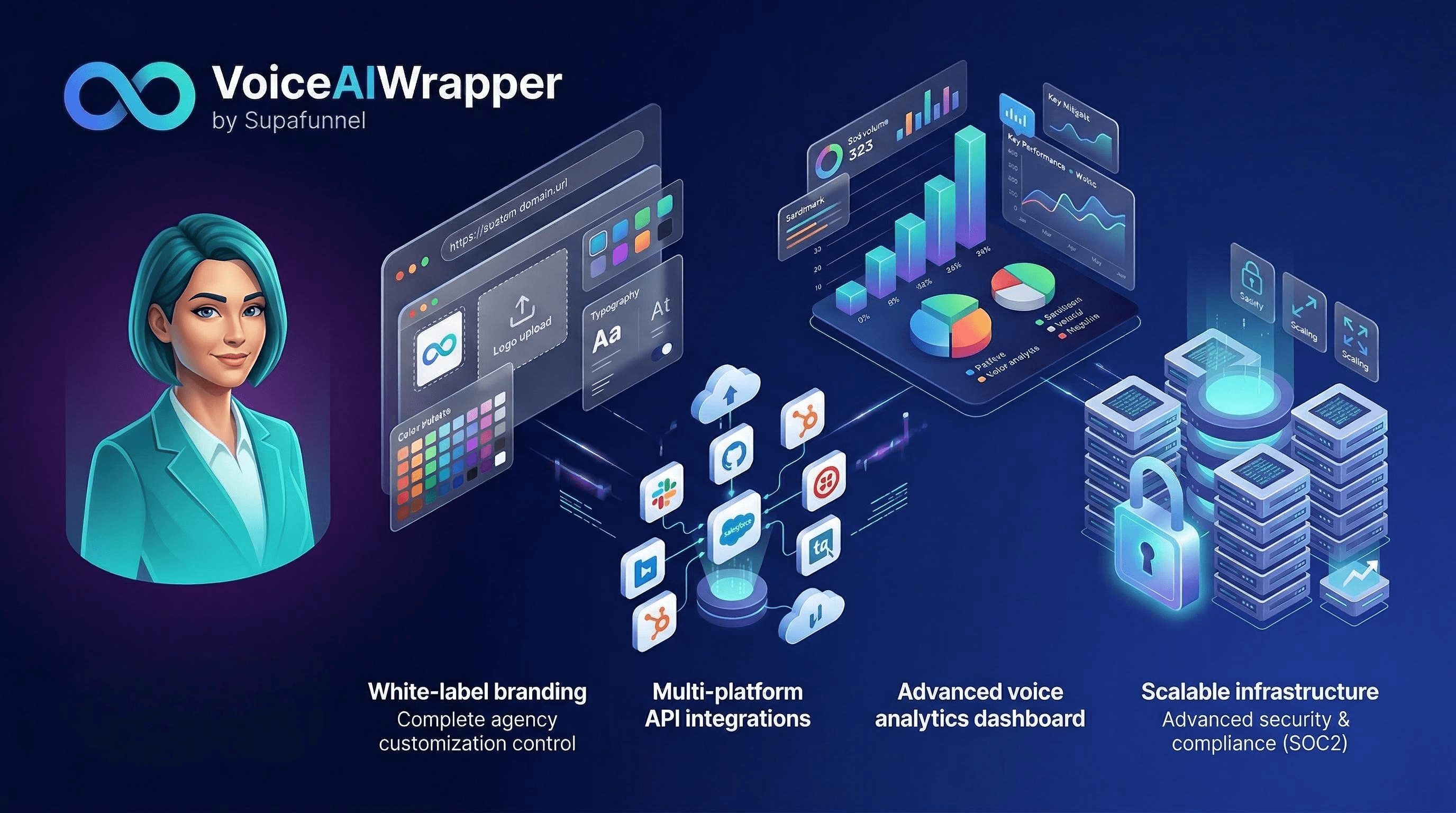 Voice based scheduling assistants split feature with custom domain branding, in-portal support chat, and automatic platform updates and security patches | VoiceAIWrapper.
