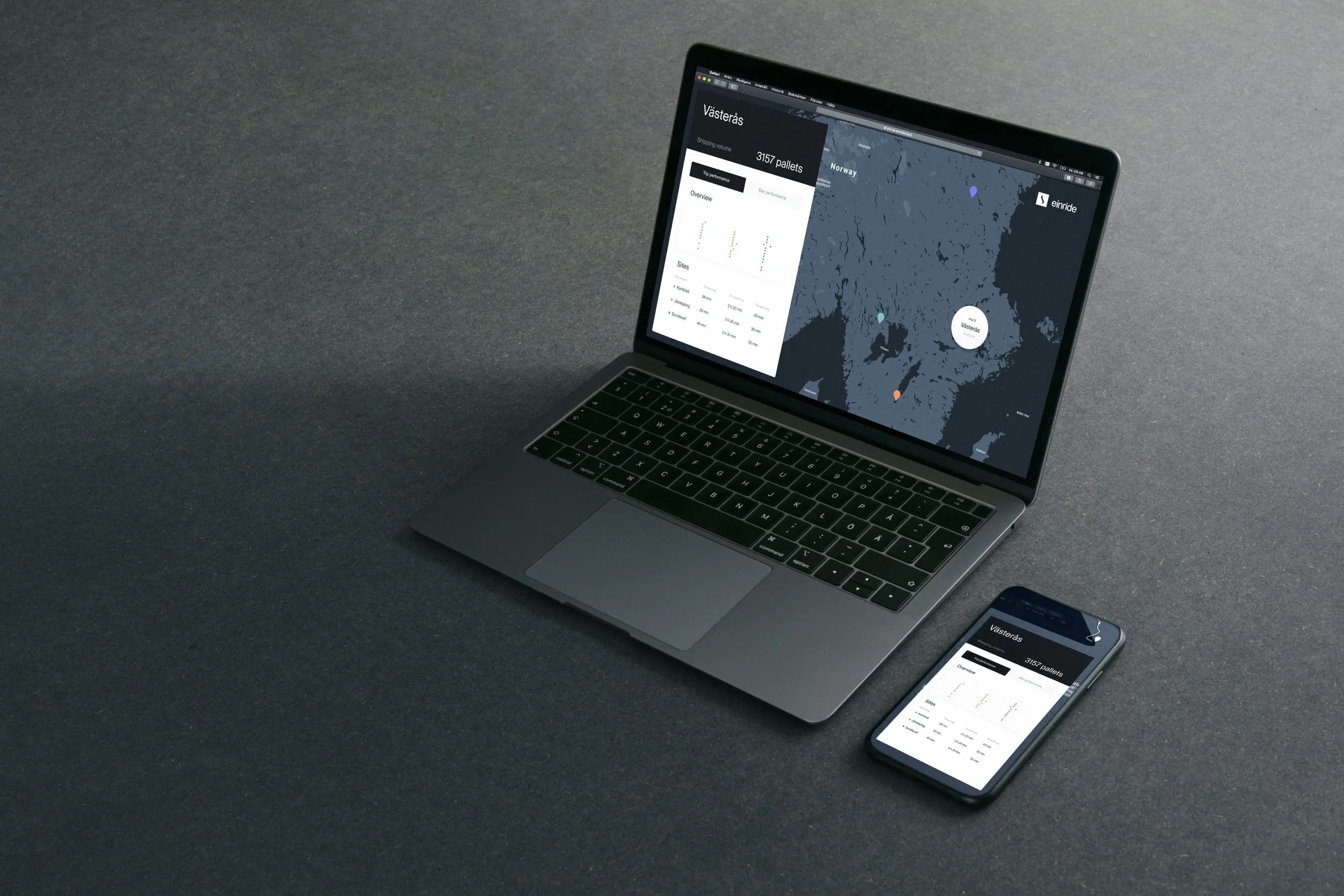Einride software as seen on a laptop and a mobile device.