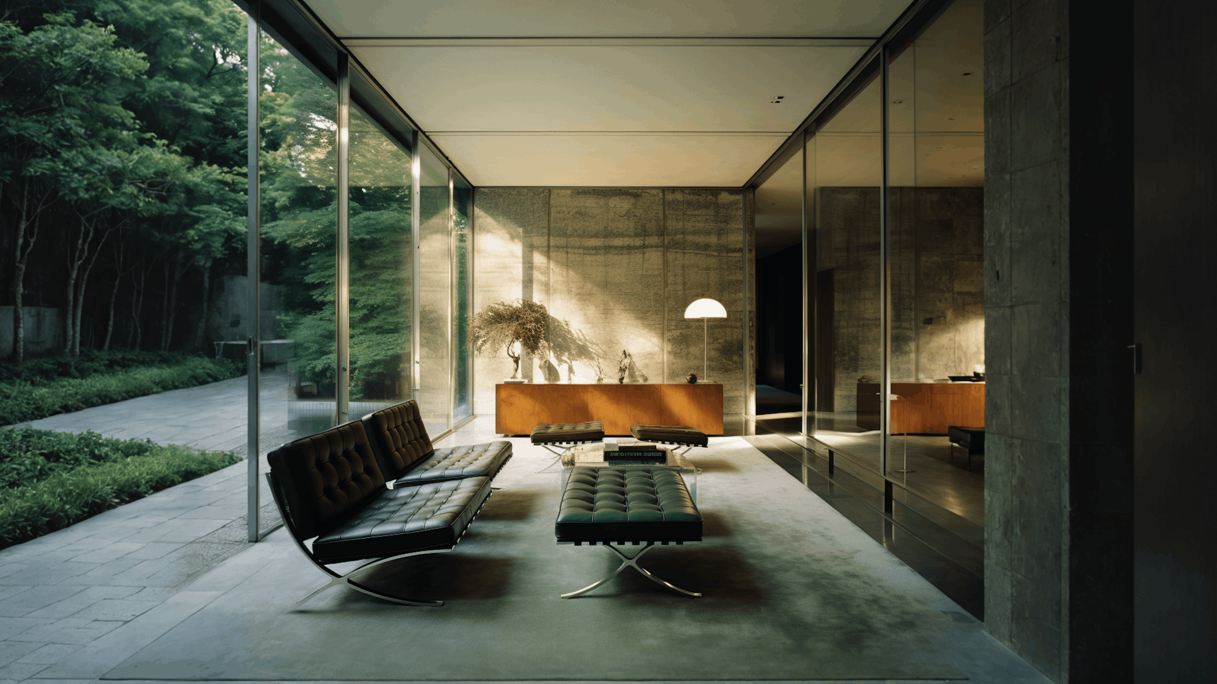 A modern living room with floor-to-ceiling glass walls, featuring sleek black leather sofas and a minimalist coffee table, set against a backdrop of lush greenery and a concrete accent wall, illuminated by a warm, elegant floor lamp.