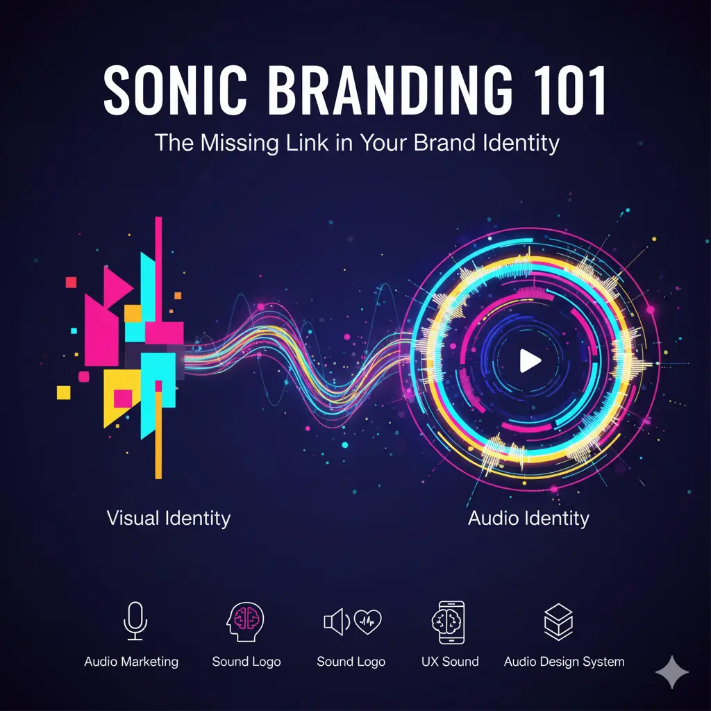 A vibrant infographic titled "Sonic Branding 101: The Missing Link in Your Brand Identity" depicts a colorful transition from visual identity to audio identity, with graphics of abstract shapes and sound waves, alongside icons for audio marketing, sound logo, UX sound, and audio design system.