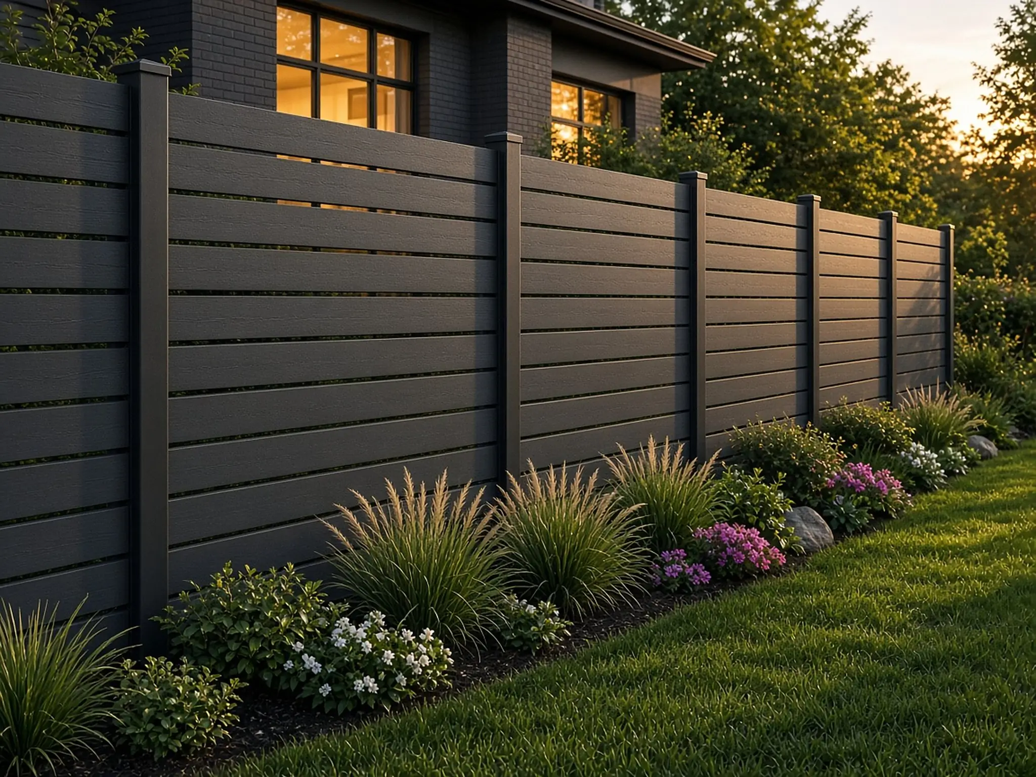 Gray horizontal composite fence with modern landscaping at dusk