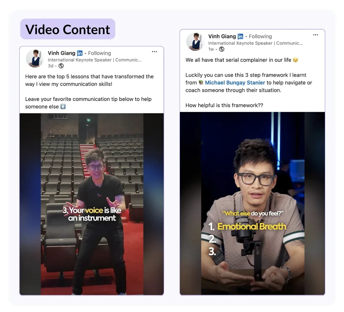 Two examples of native video content on LinkedIn b Vinh Giang, one covering communication skills and the other covering a framework