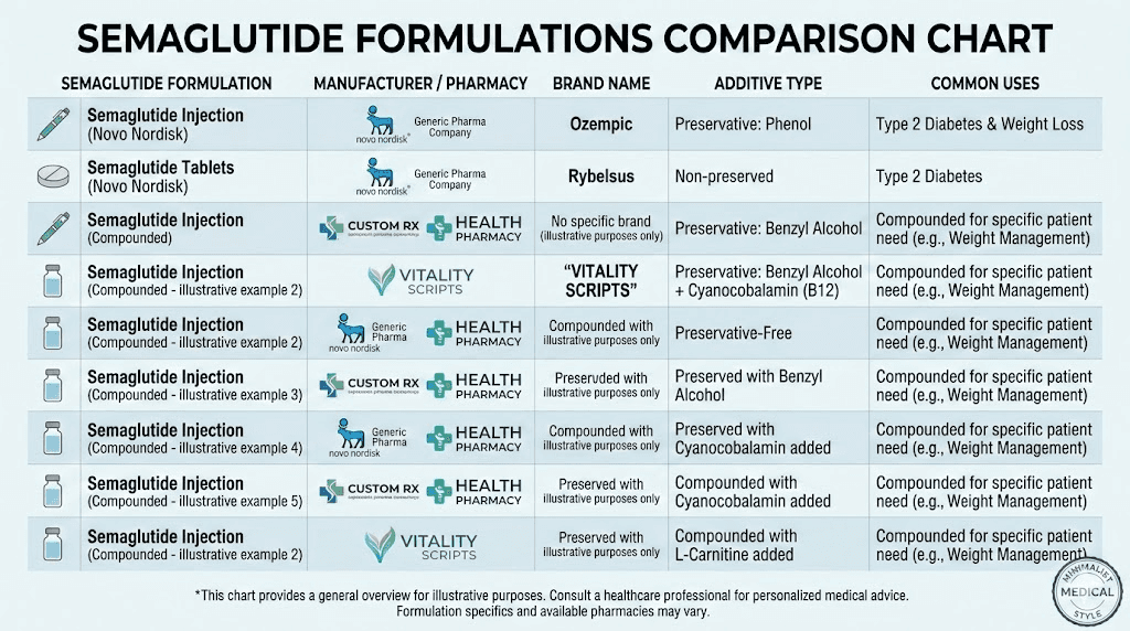 Lavender Sky Health semaglutide formulations comparison chart by pharmacy partner