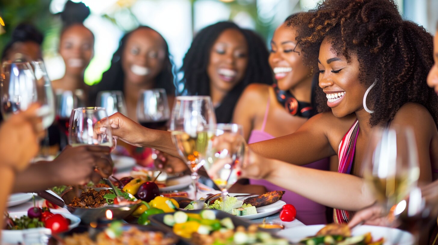 Diverse Houstonians sharing food and laughter at a private dinner showing connection and inclusivity