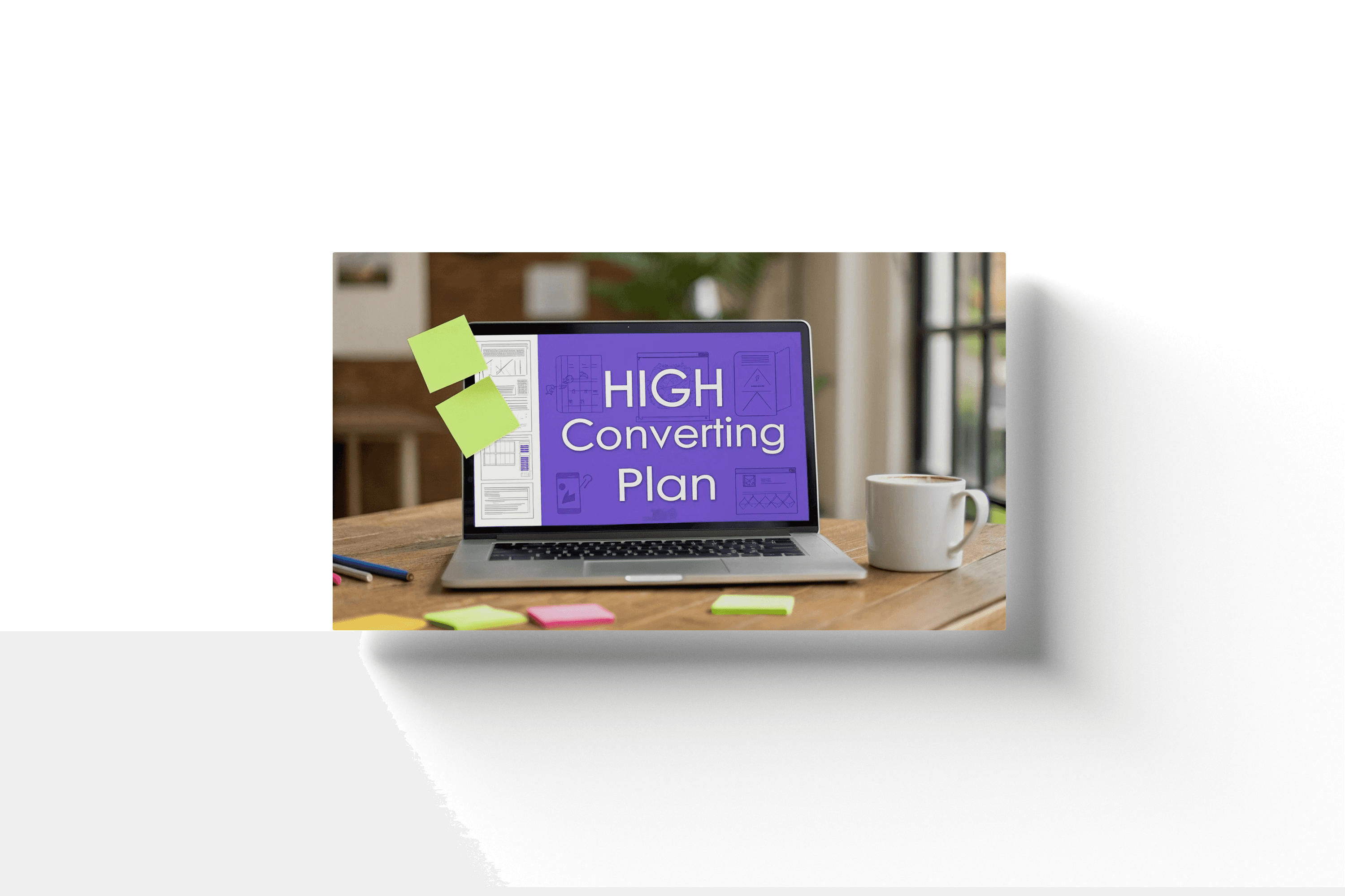 a laptop with a purple screen and the text 'high converting plan'