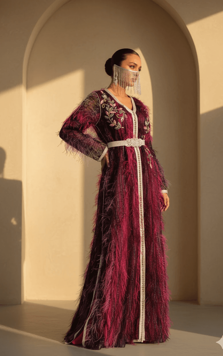 Deep burgundy Moroccan caftan with feather texture and embroidery, luxury handmade caftan Bahrain