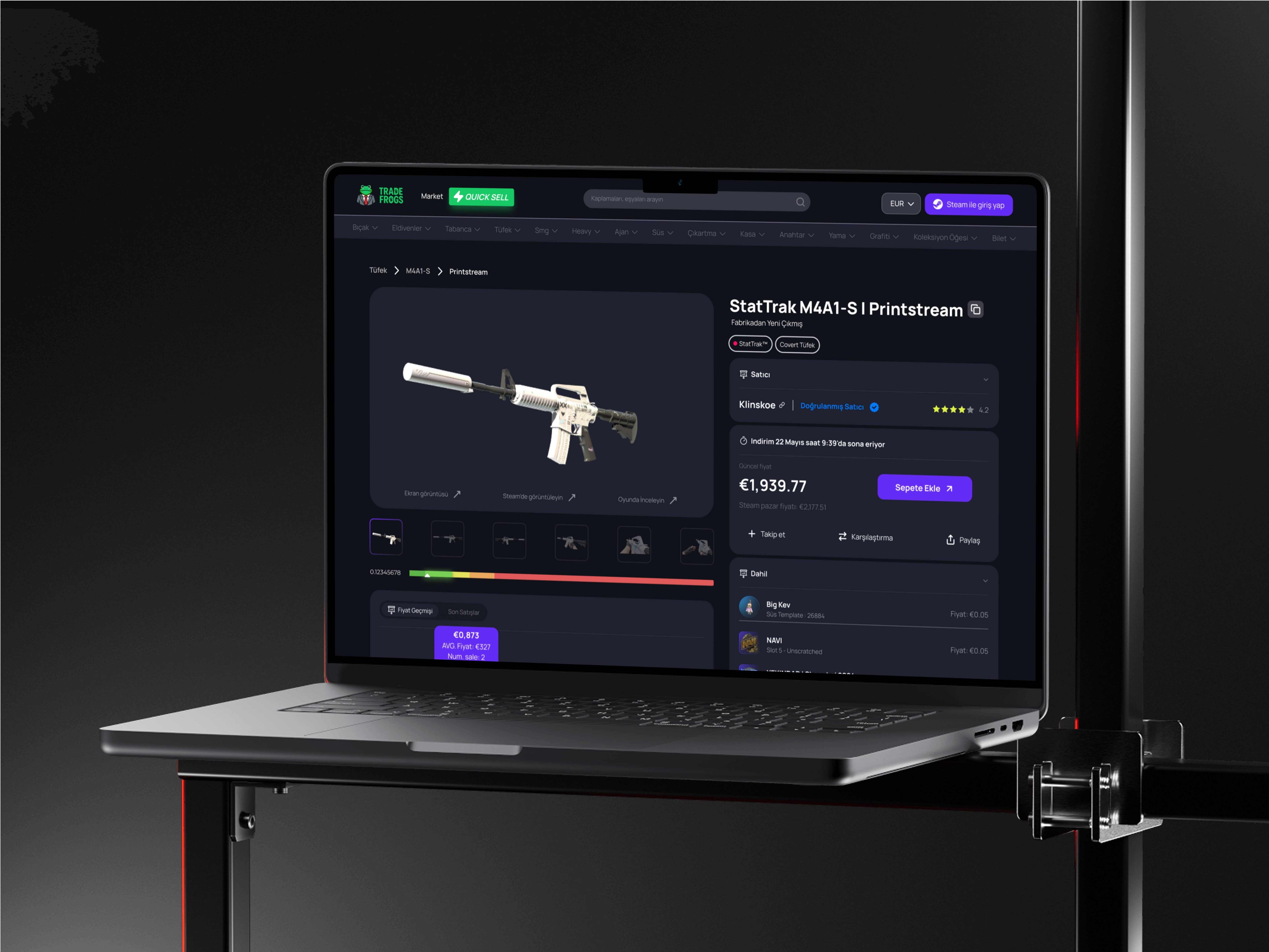 Laptop showing a marketplace listing for a rare weapon skin with price and float details.