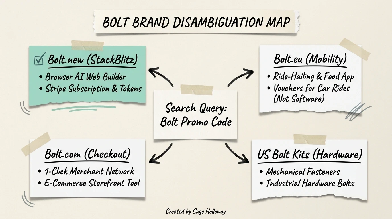 Scrapbook diagram mapping the four-way brand conflation between StackBlitz Bolt.new, Bolt.eu ride-sharing, Bolt.com checkout, and US Bolt Kits