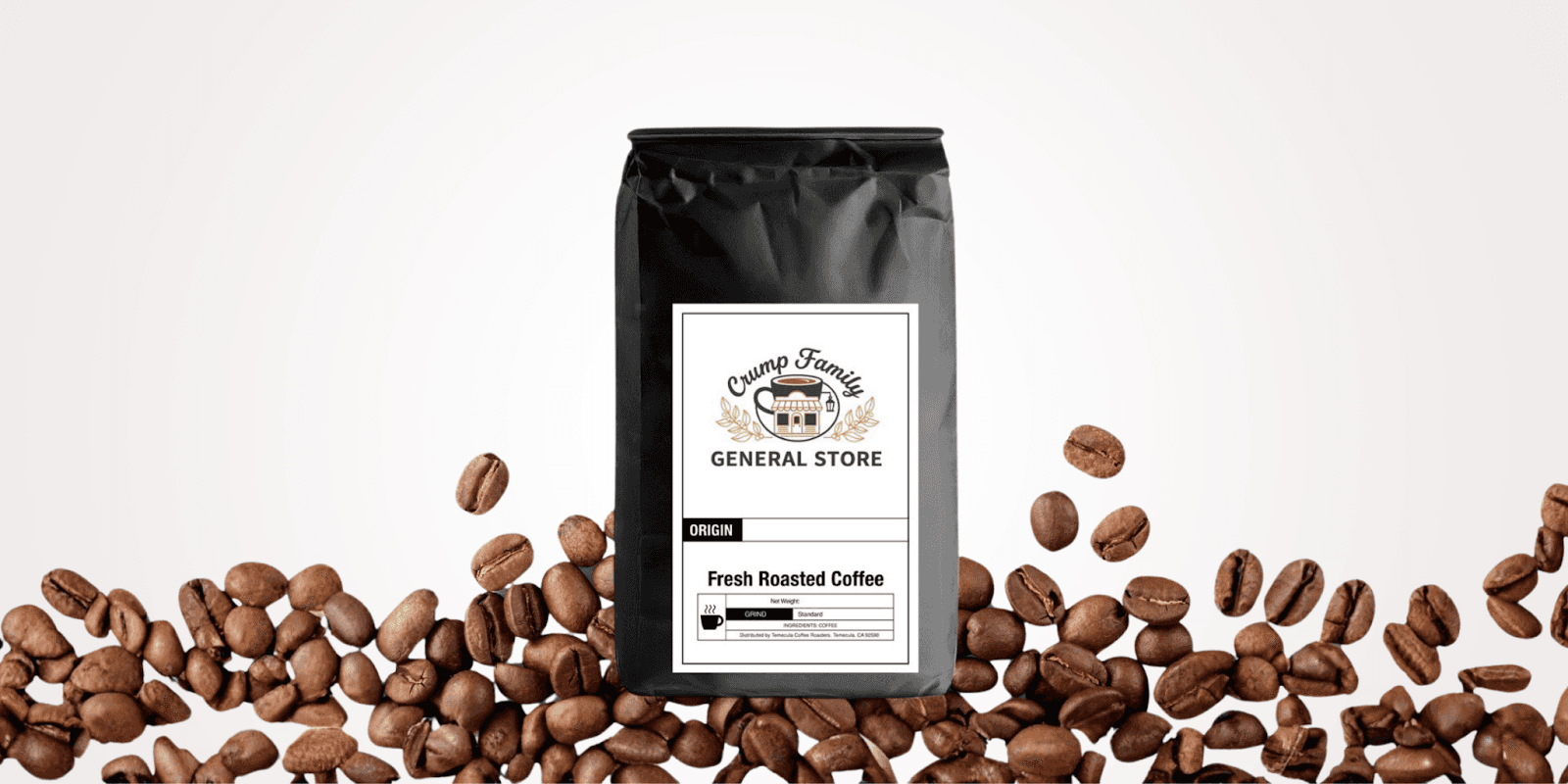 Crump Family General Store coffee bag surrounded by fresh coffee beans, showcasing their blend of family and wellness values.