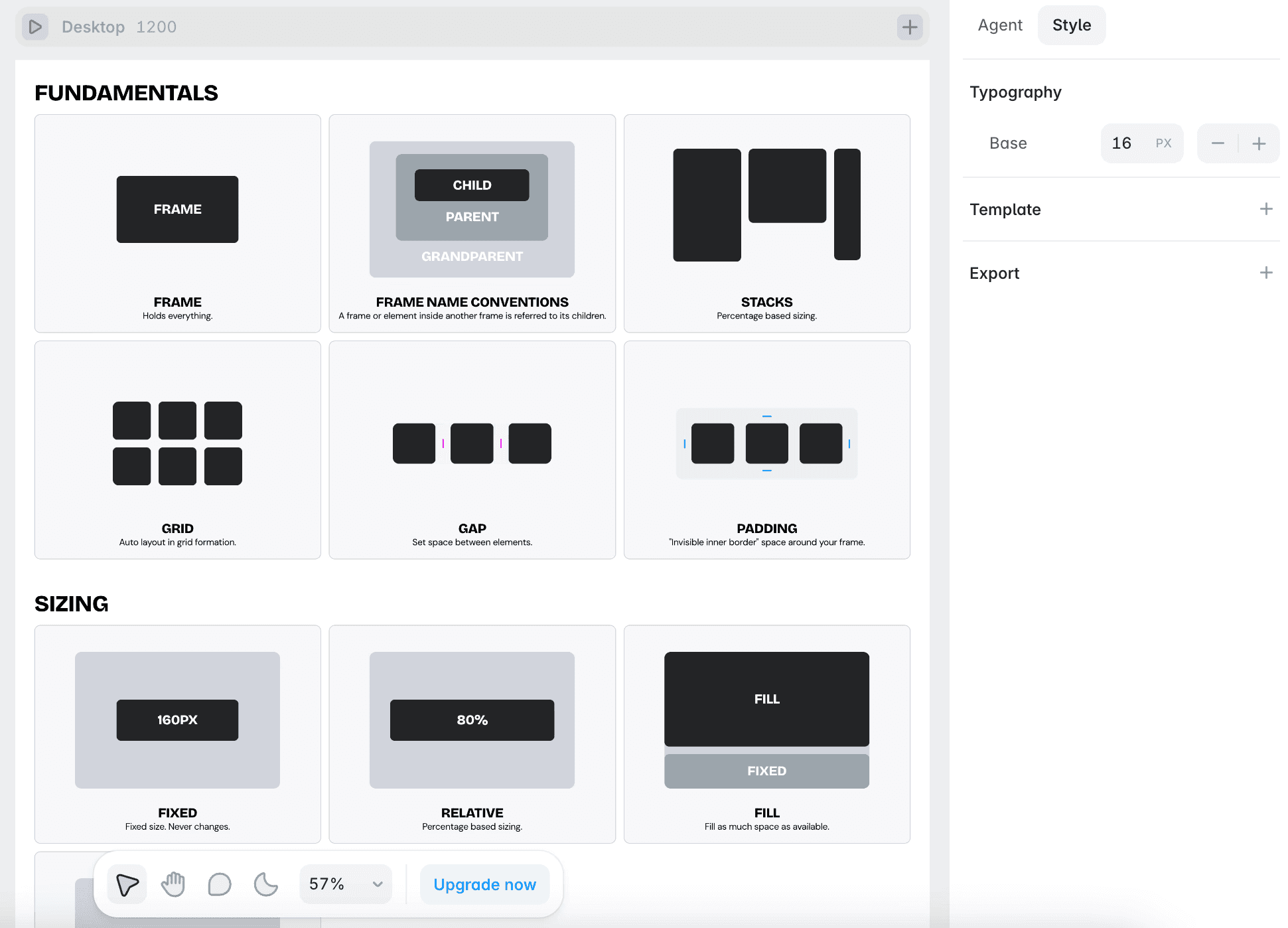 A reference board showing frames, stacks, grids, gap, padding and sizing